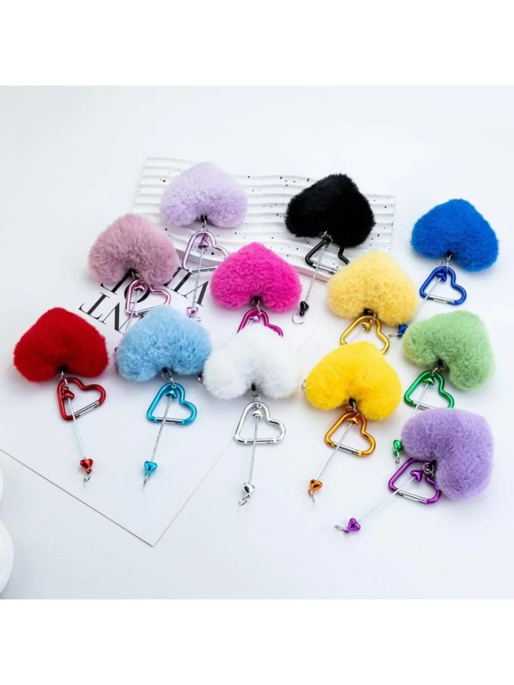 Fluffy Faux Fur Heart Pom Pom Keychain Kit - DIY Beadable Craft with Snap Hook
